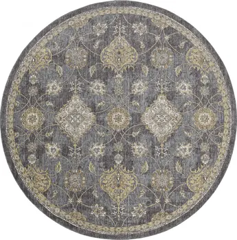 9' Gray And Gold Wool Floral Vines Distressed Round Rug