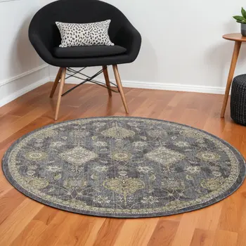 9' Gray And Gold Wool Floral Vines Distressed Round Rug