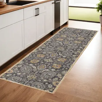 8' Taupe And Orange Wool Floral Distressed Runner Rug