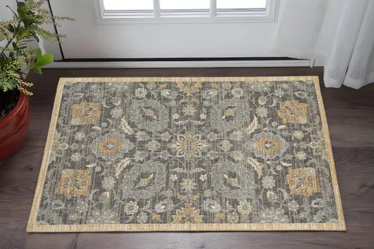 3' X 5' Taupe And Orange Wool Floral Distressed Area Rug