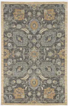 7' X 10' Black Orange And Gray Wool Floral Area Rug