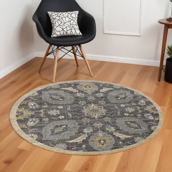 9' Taupe Orange And Gray Wool Floral Distressed Round Rug