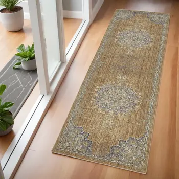 2' X 7' Coffee Vintage Medallion Bordered Wool Indoor Runner Rug