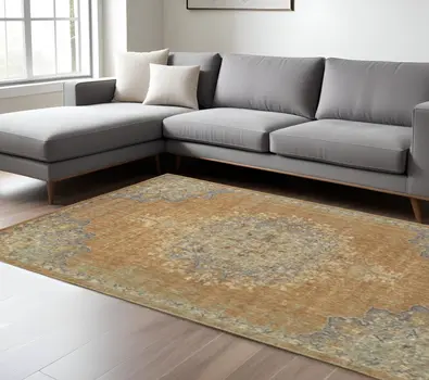 8' X 11' Brown And Gray Wool Medallion Distressed Area Rug