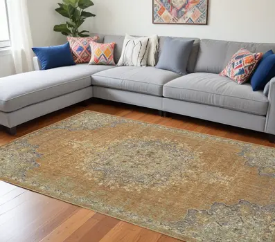8' X 11' Coffee And Gray Wool Medallion Distressed Area Rug