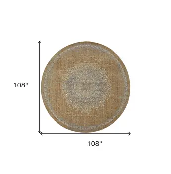 9' Coffee And Gray Wool Floral Medallion Distressed Round Rug