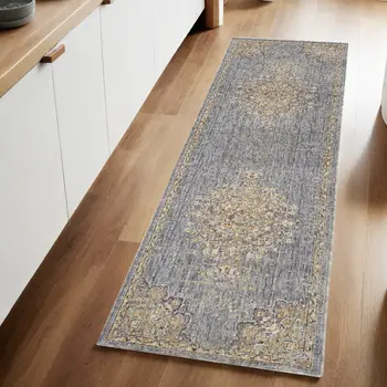8' Slate Gray And Orange Wool Floral Medallion Distressed Runner Rug