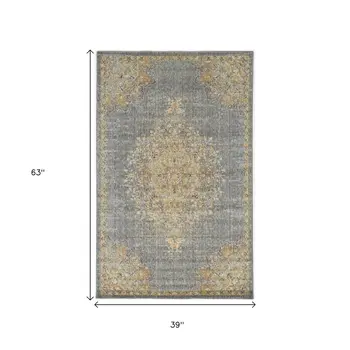3' X 5' Slate Gray And Orange Wool Medallion Distressed Area Rug