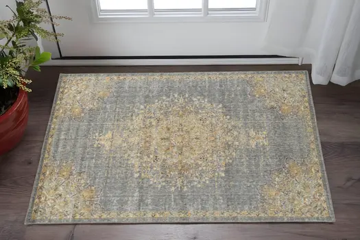 3' X 5' Slate Gray And Orange Wool Medallion Distressed Area Rug