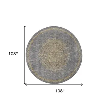 9' Slate Gray And Orange Wool Medallion Distressed Round Rug