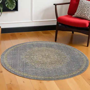 9' Slate Gray And Orange Wool Medallion Distressed Round Rug