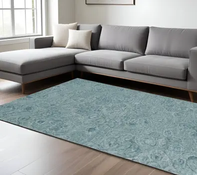 8' X 10' Blue and Beige Wool Floral Hand Tufted Area Rug