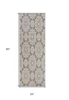7' Gray And Ivory Floral Runner Rug