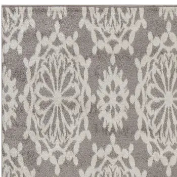 7' Gray And Ivory Floral Runner Rug