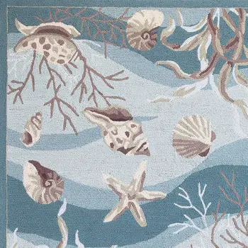 5' X 8' Green White And Brown Seashell Hand Hooked Area Rug