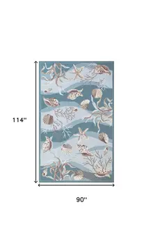 8' X 10' Blue Blue And Beige Seashell and Coral Hand Tufted Area Rug