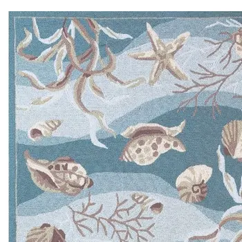 8' X 10' Blue Blue And Beige Seashell and Coral Hand Tufted Area Rug