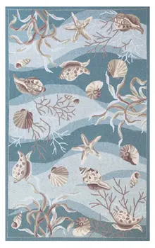 8' X 10' Blue Blue And Beige Seashell and Coral Hand Tufted Area Rug