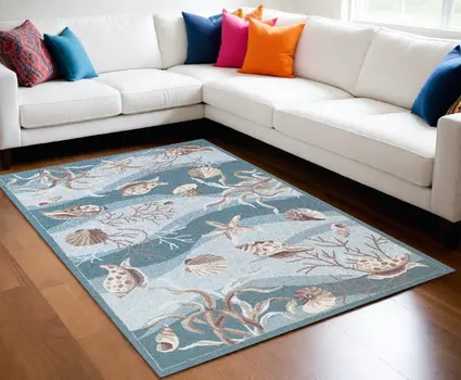 8' X 10' Blue Blue And Beige Seashell and Coral Hand Tufted Area Rug