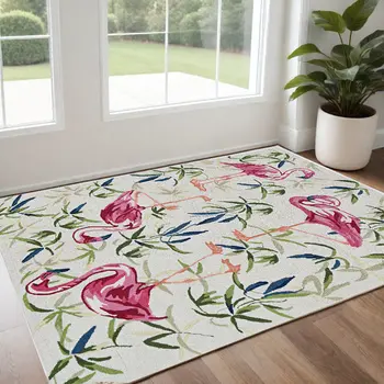 2' X 3' Pink and Ivory Tropical Floral Hand Tufted Area Rug