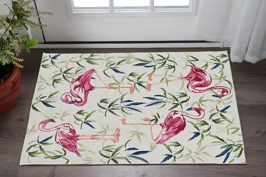 2' X 4' Ivory Pink Hand Hooked Flamingo Indoor Accent Rug