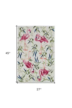 2' X 4' Ivory Pink Hand Hooked Flamingo Indoor Accent Rug