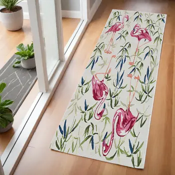 7' Ivory Pink Hand Hooked Flamingo Indoor Runner Rug