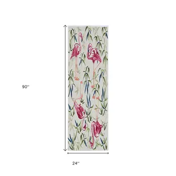 7' Ivory Pink Hand Hooked Flamingo Indoor Runner Rug