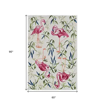 5' X 7' Ivory And Pink Tropical Botanical Hand Hooked Area Rug