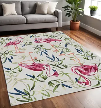 5' X 7' Ivory And Pink Tropical Botanical Hand Hooked Area Rug