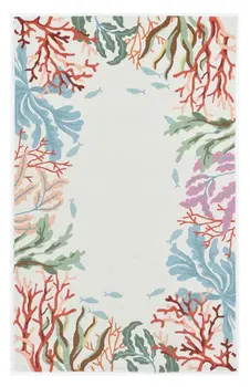 5' X 7' Ivory Red And Pink Fish and Coral Hand Tufted Area Rug