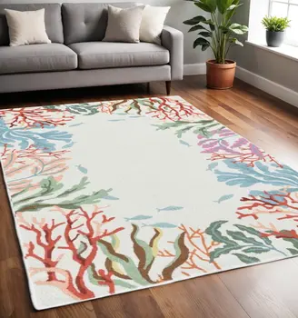 5' X 7' Ivory Red And Pink Fish and Coral Hand Tufted Area Rug