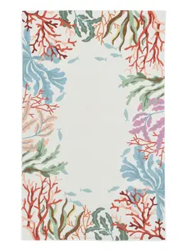 5' X 7' Ivory Red And Pink Fish and Coral Hand Tufted Area Rug