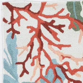 8' X 10' Ivory Red And Pink Fish and Coral Hand Hooked Area Rug