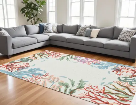 8' X 10' Ivory Red And Pink Fish and Coral Hand Hooked Area Rug