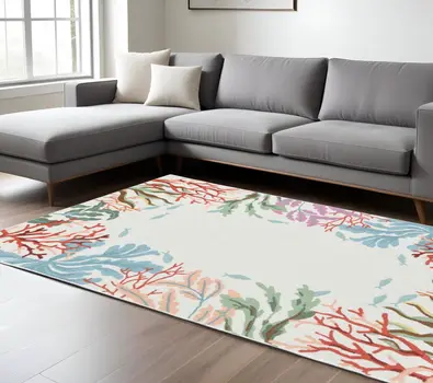 8' X 10' Ivory Red And Pink Fish and Coral Hand Hooked Area Rug