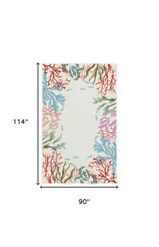 8' X 10' Ivory Red And Pink Fish and Coral Hand Hooked Area Rug