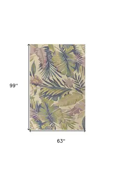 5' X 8' Ivory Blue And Green Wool Tropical Botanical Hand Tufted Area Rug