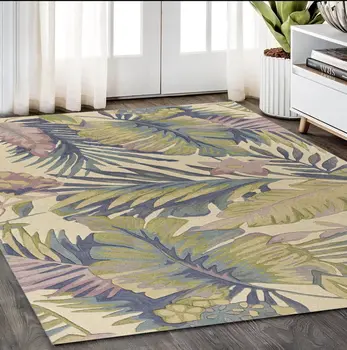 5' X 8' Ivory Blue And Green Wool Tropical Botanical Hand Tufted Area Rug