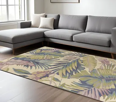 8' X 10' Ivory Blue And Green Wool Tropical Botanical Hand Tufted Area Rug