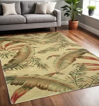 5' X 8' Brown Green And Red Wool Tropical Botanical Hand Tufted Area Rug