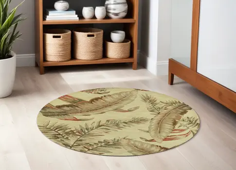 5' Light Brown and Brown Wool Tropical Botanical Hand Tufted Round Rug