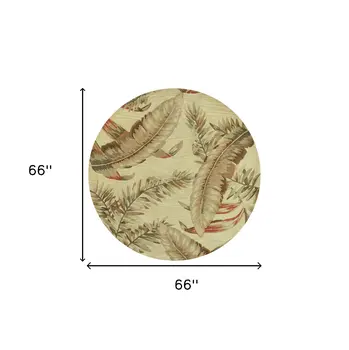 5' Light Brown and Brown Wool Tropical Botanical Hand Tufted Round Rug