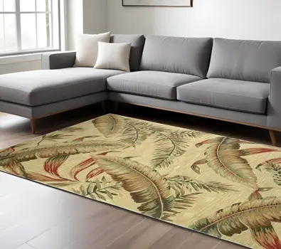 8' X 10' Brown Green And Red Wool Tropical Botanical Hand Tufted Area Rug