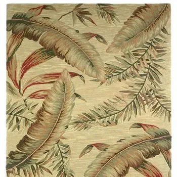 8' X 10' Ivory Green And Red Wool Tropical Botanical Hand Tufted Area Rug