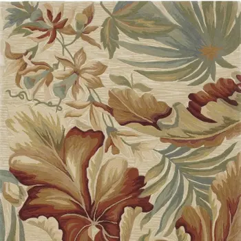 5' X 8' Ivory Green And Red Wool Tropical Botanical Hand Tufted Area Rug