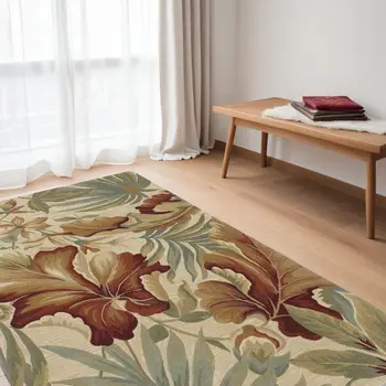 5' X 8' Ivory Green And Red Wool Tropical Botanical Hand Tufted Area Rug