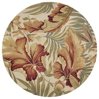 6' Ivory Green And Red Wool Tropical Botanical Hand Tufted Round Rug