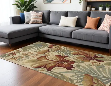 9' X 12' Ivory Red And Gray Wool Tropical Botanical Hand Tufted Area Rug