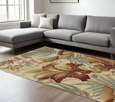 9' X 12' Ivory Green And Red Wool Tropical Botanical Hand Tufted Area Rug